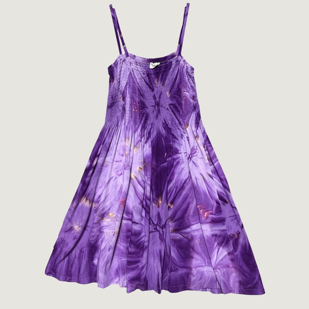 Batik World St Kitts Purple Tie Dye Smocked Sun Dress Adjustable Straps One Size